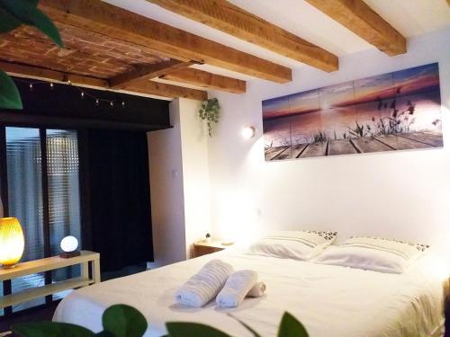 格勒诺布尔Le Paisible - Gare - Duplex - Garage privé - Netflix的卧室配有一张床,墙上挂有绘画作品