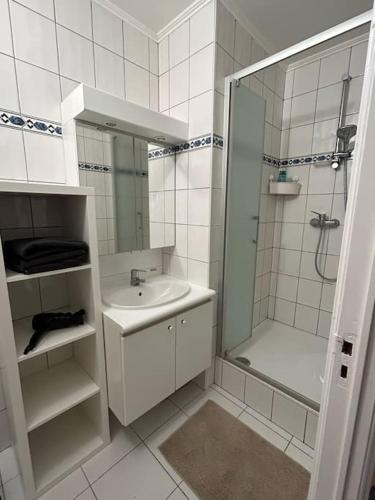 赫林贝亨Appartement Brussels Expo Atomium的带淋浴和盥洗盆的白色浴室