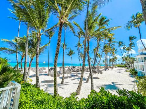 蓬塔卡纳CARIBBEAN Paradise WIFi HOTEL BAVARO Beach CLUB & SPA的棕榈树海滩和海洋