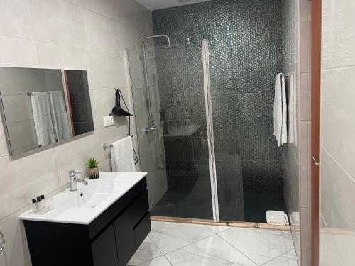 塔拉法尔Residencial Santo Amaro的带淋浴、水槽和玻璃淋浴间的浴室