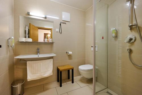 布莱德旧教区住宿加早餐旅馆的浴室配有卫生间、盥洗盆和淋浴。