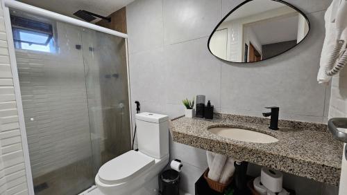 圣路易斯O melhor studio em São Luís的一间带卫生间、水槽和镜子的浴室