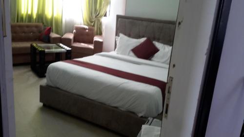 亚的斯亚贝巴Danakil Hotel的配有一张床和一把椅子的酒店客房
