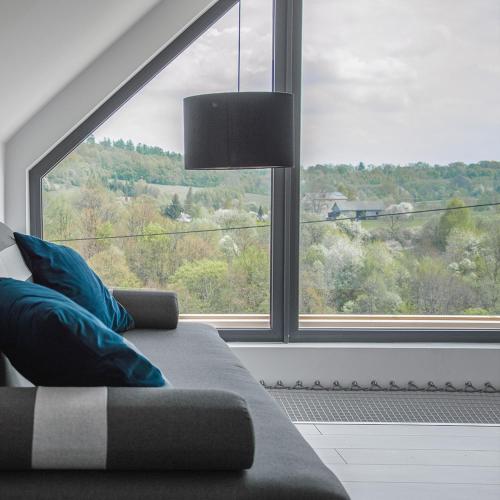 Domek PodMaglem的带沙发和大窗户的客厅