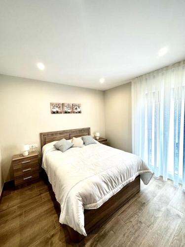 阿吉拉尔日波奥Apartamento La Muralla 2C的一间卧室设有一张大床和一个大窗户