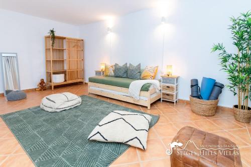 奥利维拉Charming Villa Del Cel, peaceful location, private pool and A/C的客厅配有床和绿色地毯。