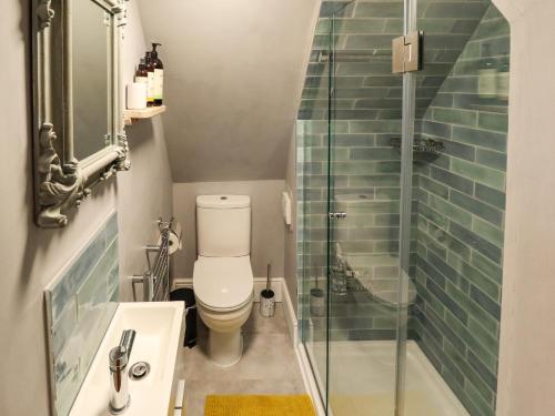 根斯堡The Granary Owl House的一间带卫生间和玻璃淋浴间的浴室