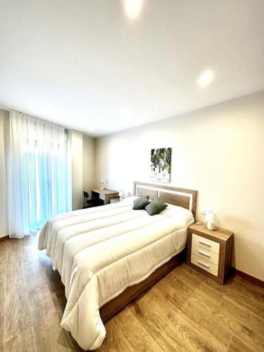 阿吉拉尔日波奥Apartamento La Muralla 2D的一间卧室设有一张大床和一个大窗户