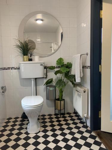 ClonburIsserkelly House的一间带卫生间和镜子的浴室以及 ⁇ 格地板