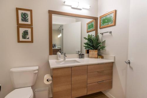 塔科马Palm Theme King Bed Paid Garage 55" 4k Smart T的一间带水槽、卫生间和镜子的浴室