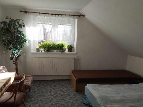 KrmešApartment Natalia的一间卧室设有两张床,窗户种有植物