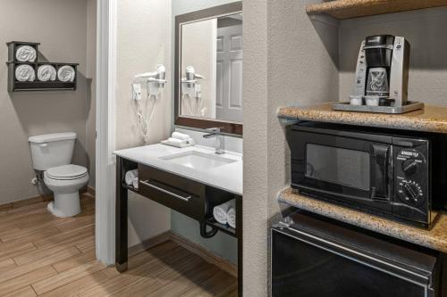格罗夫兰优胜美地西门旅舍的一间带水槽和微波炉的浴室