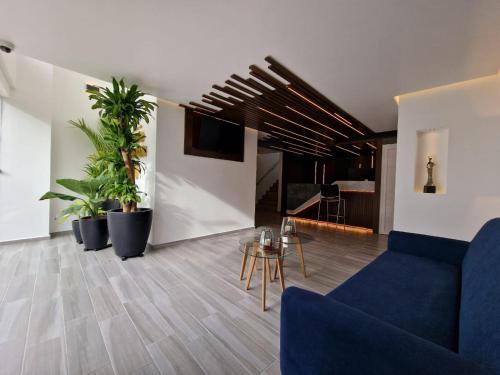 韦拉克鲁斯Hotel GALENO的客厅配有蓝色的沙发和盆栽植物