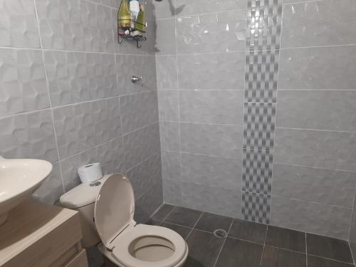 Villa del Rosariocomfortable accommodation的带淋浴、卫生间和盥洗盆的浴室