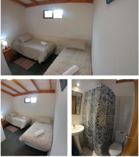 卡尔德拉Hostal El Aji Rojo的两张照片,一间设有两张床和一间浴室的房间