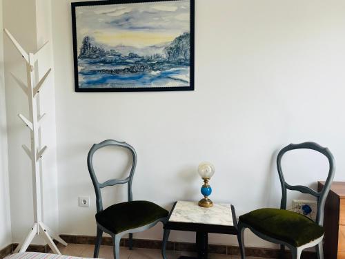 阿利坎特Art House的画室里配有两把椅子和一张桌子