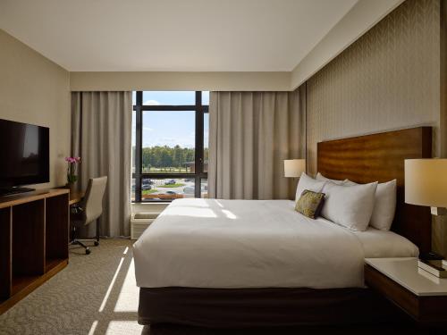 佩里港Great Blue Heron Hotel的酒店客房设有一张大床和一台电视。