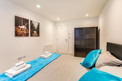坎特伯雷Exceptionally Spacious Central Canterbury Home的一间卧室配有一张蓝色的床和一个衣柜
