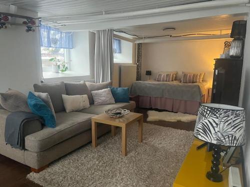 布罗斯Independent apartment in Borås的客厅配有沙发和1张床