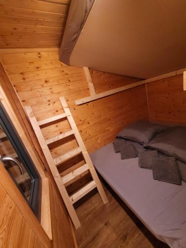 Klein KlessowNEU Luxuriöses Tinyhaus Ferienhaus FREYR einmalig in Lübbenau的带双层床和梯子的客房