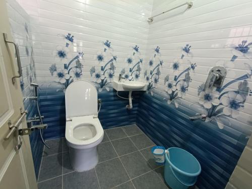 马迪凯里Sili Homestay的蓝色和白色的浴室设有卫生间和水槽