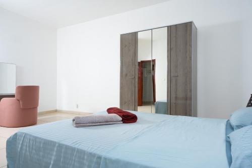 MamoudzouBelle demeure spacieuse 2的一间卧室配有蓝色的床和镜子