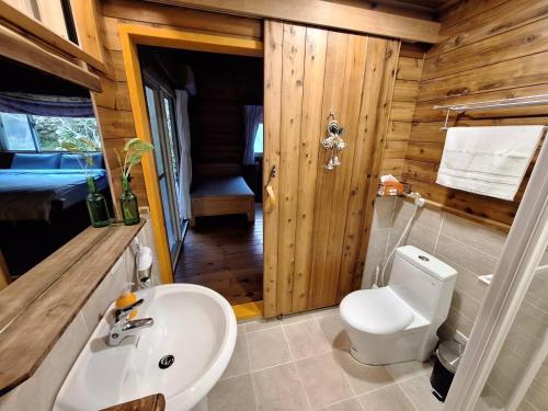 南庄乡问樵山居 的小屋内的浴室设有卫生间和水槽。