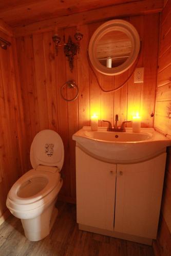 安蒂戈尼什Waterfront Tiny House near Pomquet Beach的浴室设有卫生间和带蜡烛的盥洗盆。