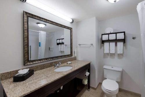 马绍尔马歇尔希尔顿恒庭酒店的一间带水槽、卫生间和镜子的浴室