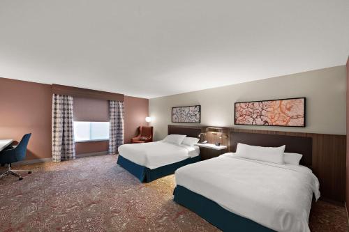 康瑟尔布拉夫斯东奥马哈/康瑟尔布拉夫斯希尔顿花园酒店的酒店客房配有两张床和一张书桌