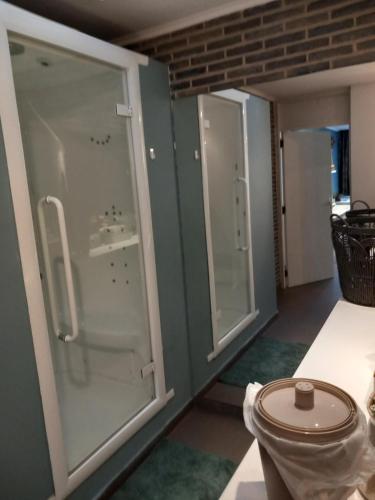 哈斯罗德Meerdaal Vakantie Studio的一间带两个玻璃淋浴间和卫生间的浴室