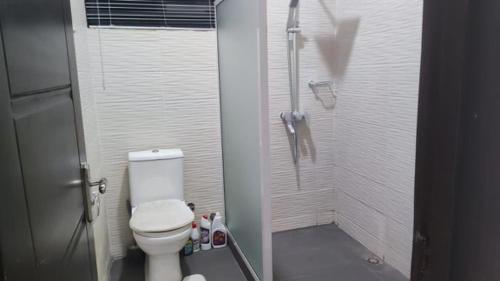 特马Modern Haven的一间带卫生间和淋浴的小浴室