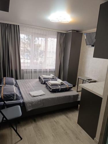 阿拉木图Apart 41的一间卧室配有一张带蓝色枕头的床。