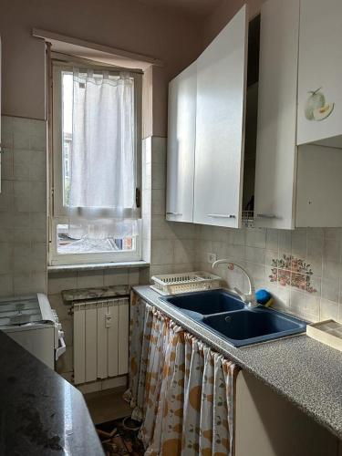 都灵Da Tiziana的厨房设有水槽和窗户。