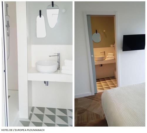 佩罗斯-吉雷克欧洲酒店的带水槽的浴室和配有床的浴室的两张照片