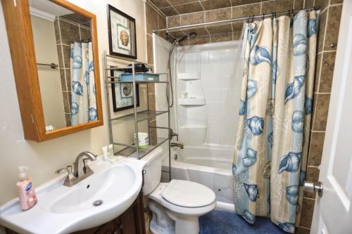 加尔维斯敦Quick & Intimate Beach Getaway的浴室配有盥洗盆、卫生间和浴缸。