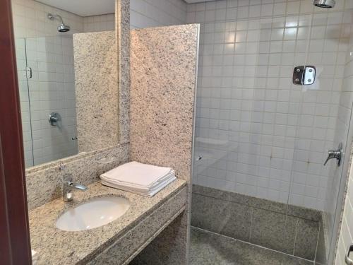 巴西利亚Flat Particular no Comfort Suites的一间带水槽和淋浴的浴室