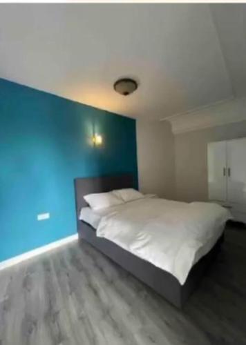 伊斯坦布尔Yalı Houses的卧室配有白色的床和蓝色的墙壁