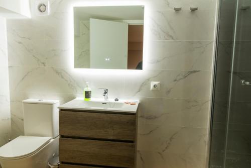 马德里Rooms Luxury Madrid的一间带水槽、卫生间和镜子的浴室