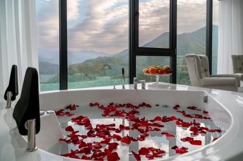 巴统Chateau Milisi的窗户前装满红色鲜花的浴缸