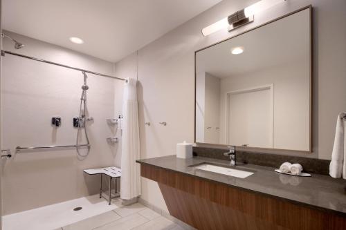 BrooklynFairfield Inn & Suites by Marriott Cleveland Tiedeman Road的一间带水槽、淋浴和镜子的浴室