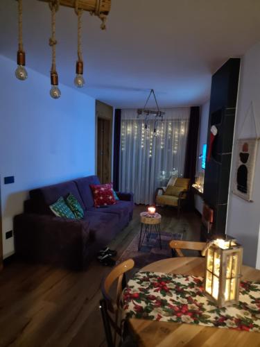 别拉什尼察Winter Park Residence Bjelasnica的客厅配有紫色沙发和桌子