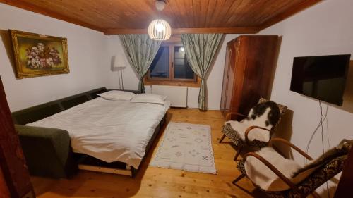 布雷亚扎Pensiunea Mirela的一间卧室配有一张床、两把椅子和电视