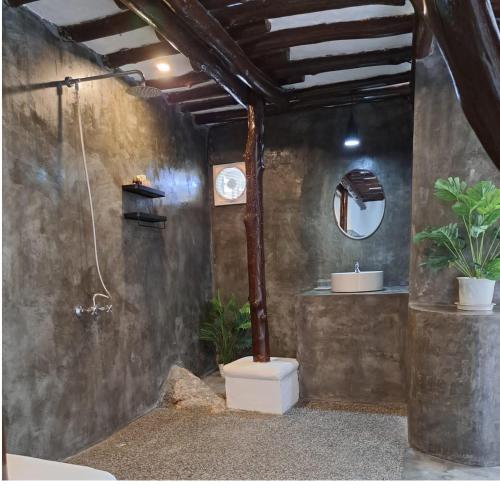 涛岛阿南凯拉别墅度假村的带淋浴、卫生间和植物的浴室