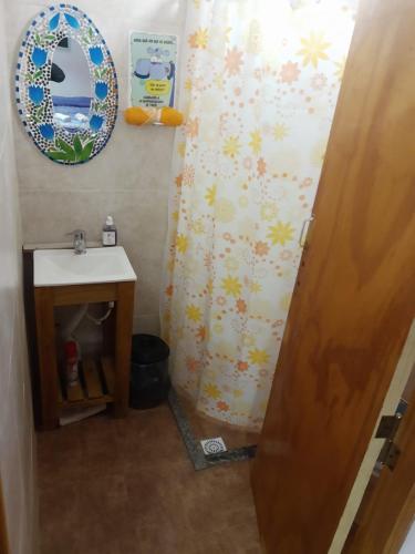 马拉圭dormi La familia的浴室设有鲜花和淋浴帘。