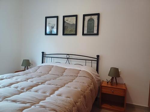 卡罗维西Comfy and Izzy apartment的卧室里的一张大床,墙上有三幅画