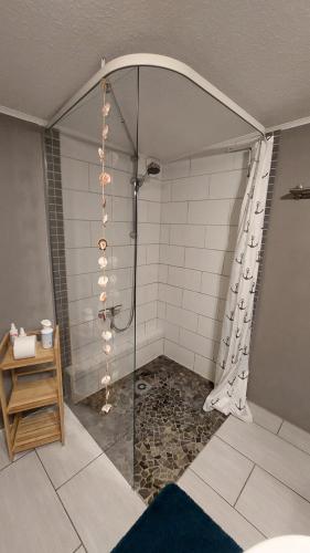 哈里斯莱FeWo Auszeit的浴室里设有玻璃门淋浴