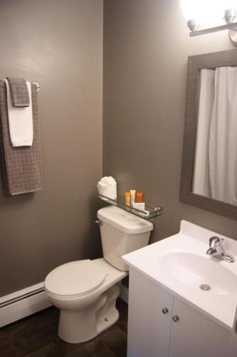 平彻克里克Stardust Inn and Chalets的浴室配有白色卫生间和盥洗盆。