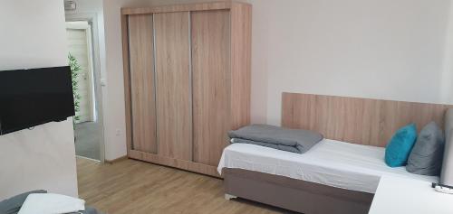 Apartmani Stara Skola的一间带床和电视的小卧室