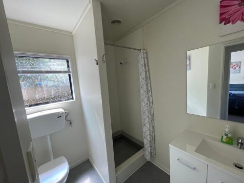 奥雷瓦Summer Inn Motel的一间带卫生间、水槽和镜子的浴室
